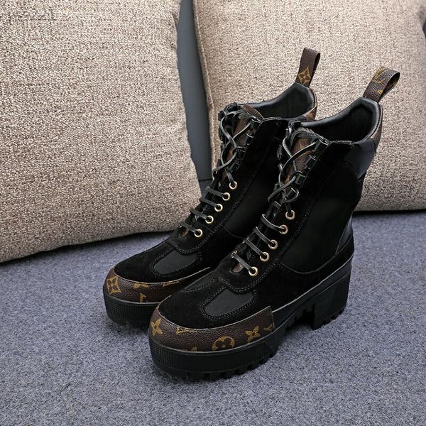 

high-end color matching lace-up martin boots 2020 thick bottom waterproof hee classical women's boots high heel women's short boot, Black
