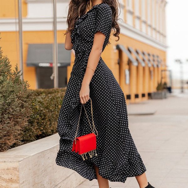 

hepburn wind wave point flounces waist short sleeve dress summer 2020 women's long skirt, Black;gray