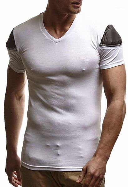 

tennagers new style solid color mens zipper v neck slim tshirt summer designer skinny panelled sport tees, White;black