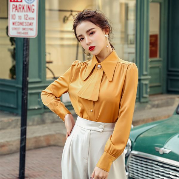 

2020 summer long sleeve new silk satin blouse shirts women office lady blouses women bow tie long sleeve yellow ka643, White