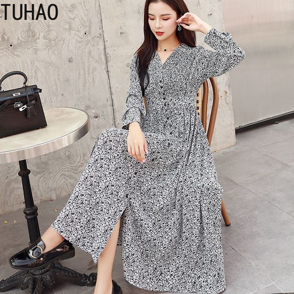 

tuhao casual print long dress for women long-sleeved dress 2020 spring female chiffon fashion korean retro dresses wm18, Black;gray
