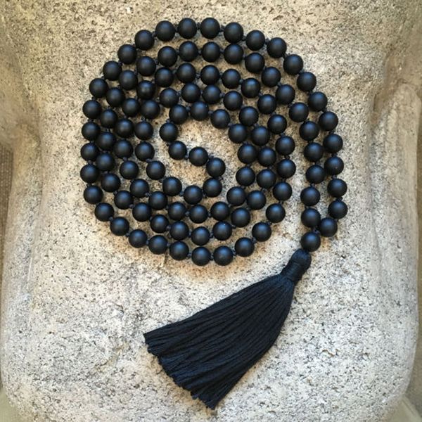 

matte black onyx 108 beads hand knotted mala necklace handmade black tassel yoga jewelry meditation prayer mala necklace collar, Silver