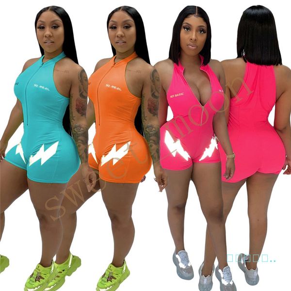 

summer women's jumpsuits fashion lightning pattern print zipper rompers casual sleeveless halter one-pieces shorts clothing s-xl ly511, Blue