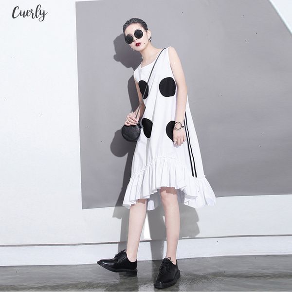 

new 2020 summer women black sun dress large dots patches sleeveless ruffles hem straight sundress lady cute midi tank dress, Black;gray