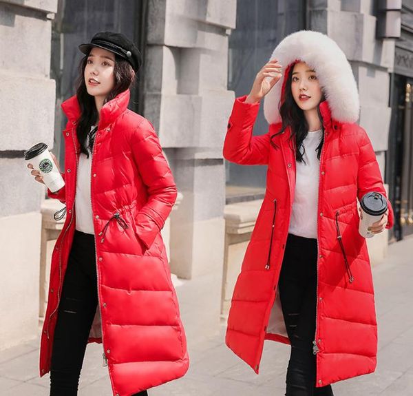 

2019 korean version of the fox fur collar down jacket female long section waist thinning thick hat detachable, Black