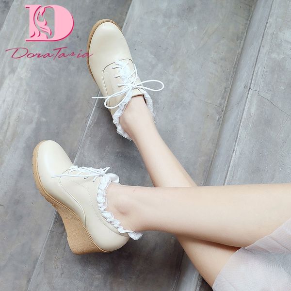 

doratasia fashion new wedge high heels concise shoes woman pumps female lace up spring/autumn black pumps women shoes