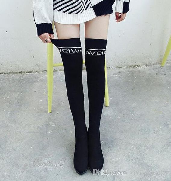 

plus size 33 to 40 41 42 43 black alphabet knitting woven over the knee boots winter designer boots come with box