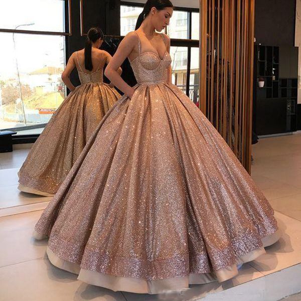 

Rose Gold Sparkly Prom Dresses With Spaghetti Straps Ruched Backless Sweet 15 Dress For Girls Sequins Party Gowns