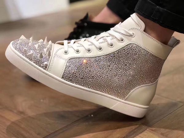 

strass + pik pik spikes sneaker,fashion high red bottom men luxury designer skateboard sports party dress wedding eu35-47,box, Black