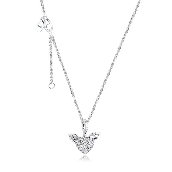 

authentic 925 sterling silver pave heart & angel wings pendant necklace for women diy charms jewelry making wholesale