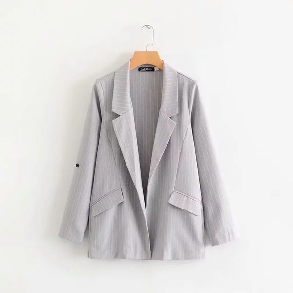 

cozarii blazer mujer 2019 women striped notched collar pockets full sleeve no button casual style women blazers, White;black
