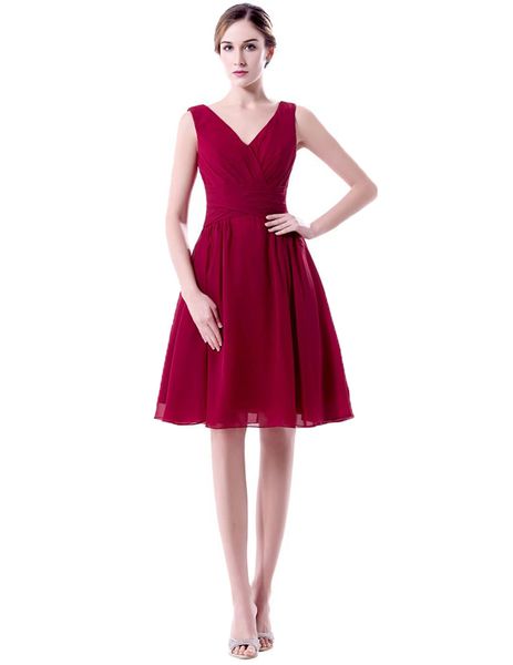 

2020 Cheap Bridesmaids Dresses V-Neck Sleeveless Ruffles Knee length Burgundy Chiffon Custom Made Junior Bridesmaid dress