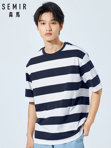 

semir striped t-shirt male 2019 summer new men short-sleeved t-shirt trend round neck sea soul tshirt casual tees tide, White;black