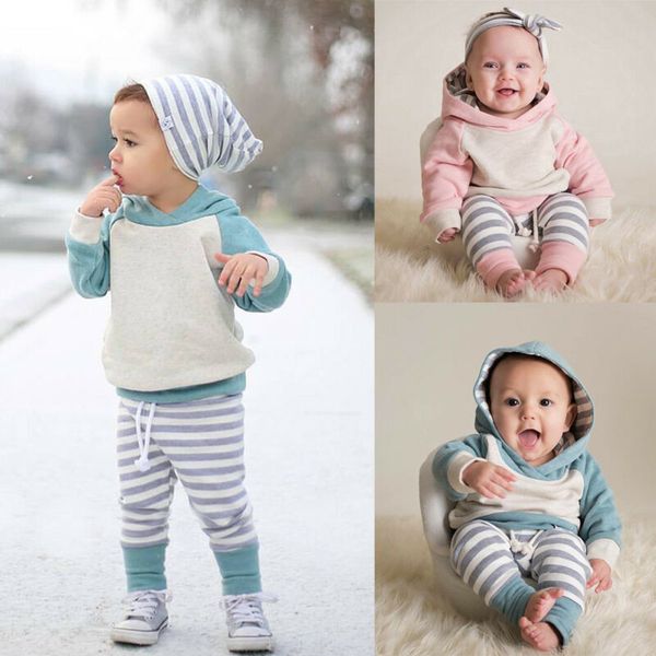 

2pcs baby clothes fashion hooded patchwork sweatshirt + pants set infant toddler baby boys girls tracksuit outfits3m-24m, White