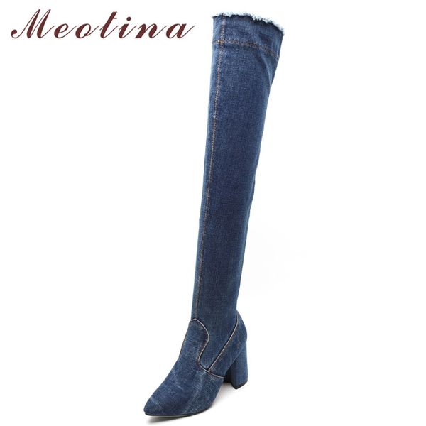 

meotina autumn over the knee boots women slim denim thick high heels thigh high boots zipper pointed toe tall shoes lady size 40, Black