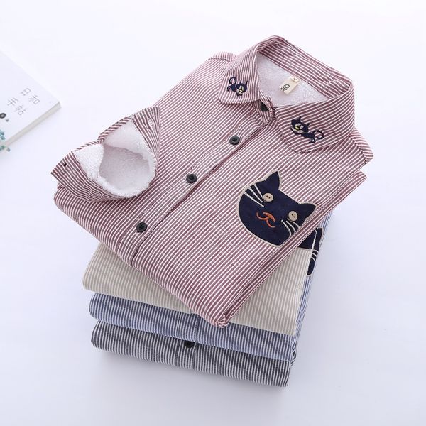 

2018 autumn winter thick fleece women clothes cat embroidery striped velvet shirt female longsleeve japan style warm blouse coat, White