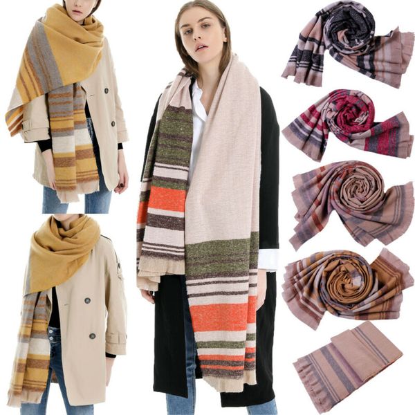 

women winter warm scarf cashmere feel scarves pashmina shawl stole wrap 65*210cm colorblock striped fringed cashmere scarf, Blue;gray