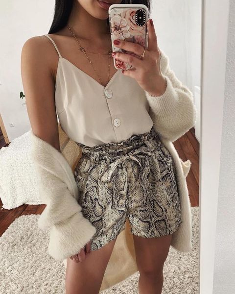 

2019 hot summer shorts женщины высокой талией snake печать повседневный сыпучие бинты шорты тренировки женский, White;black