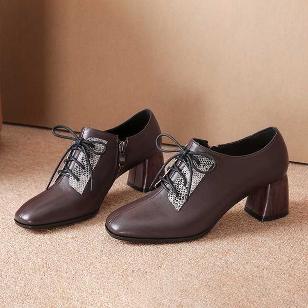 

casual women's pumps fashion black brown color lace-up cow leather square heel shoes comfortable pumps