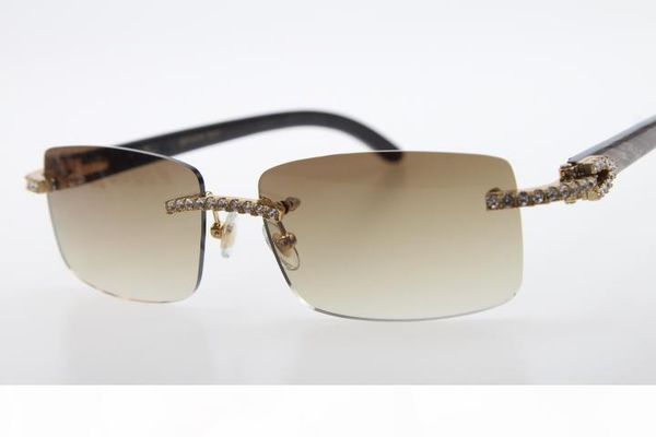 

2020 wholesale rimless glasses new 3524012 diamond rimless black flower buffalo horn sunglasses men stone glasses brown with box, White;black