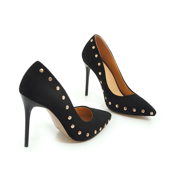 

wholesale stiletto heel suede all round rivets pointed toe women pumps 105mm fashion high heels shoes for women dress shoes large size, Black