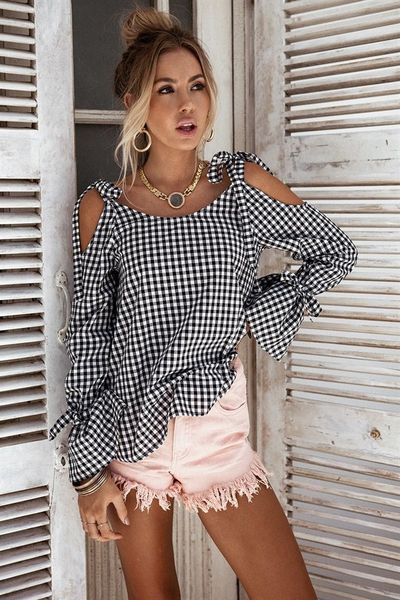 

white and black grid off shoulder long sleeve bowknot blouses women ladies office wear blouses shirts