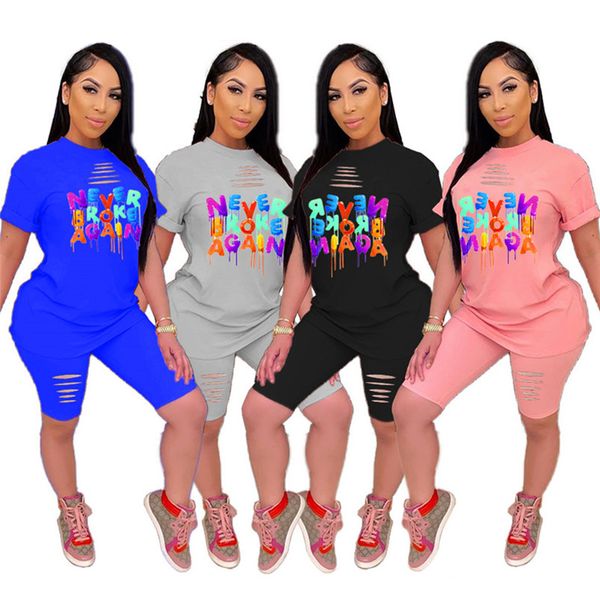 

summer women's tracksuit outfits casual short sleeve blouse t-shirts+shorts 2 pcs/sets ladies print ripped sportswear clothes s-5xl d52, White