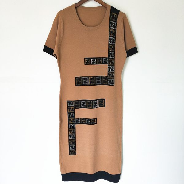 

women knitted dress europe-america new classic knitted dresses luxury ff drill dress round neck short sleeve dress selling