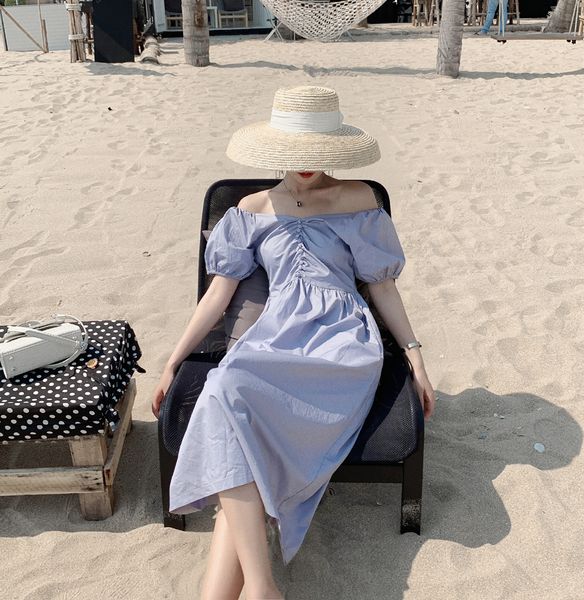 

2019 new summer dress girl puff short sleeve sweet preppy style casual long dress v neck off shouder, Black;gray