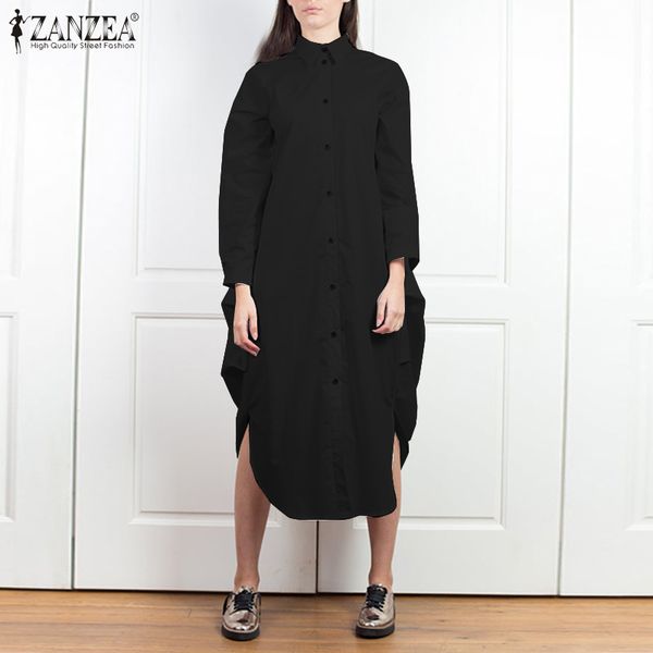 

casual dresses 2021 autumn long sleeve sundress zanzea women shirt dress fashion solid lapel work split midi asymmetrical vestidos female ro, Black;gray