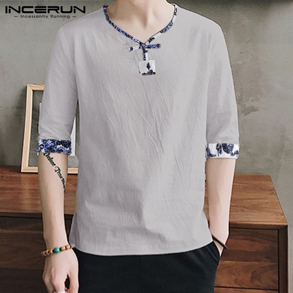 

incerun ethnic style men shirt vintage cotton printed patchwork streetwear half sleeve blouse casual men 2019, White;black