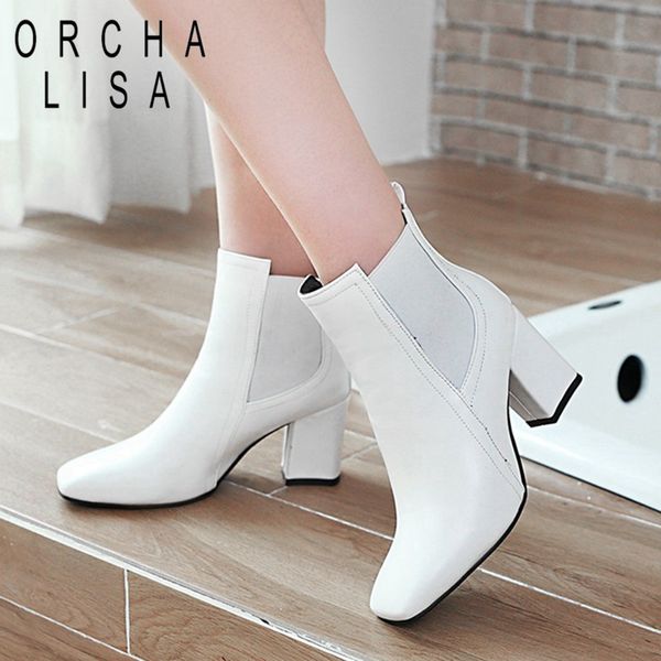 

orcha lisa patent leather ankle boots for women square toe square high heel slip-on boots female botas mujer botas feminina c619, Black
