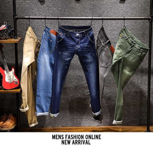 

skinny jeans men drawstring slim fit denim joggers stretch male jean pencil pants blue men's jeans fashion casual hombre