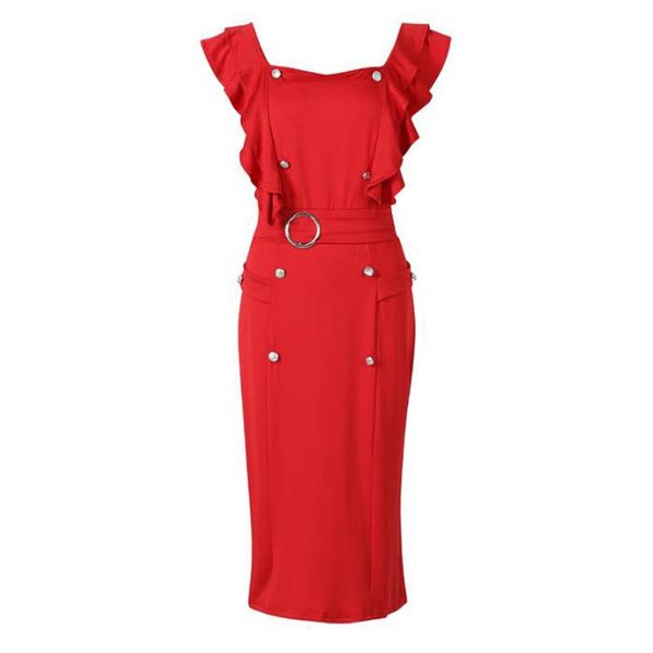 

plus size bodycon midi dress women summer frill ruffle sheath slim fitting office dress clothes ladies elegant pencil, Black;gray