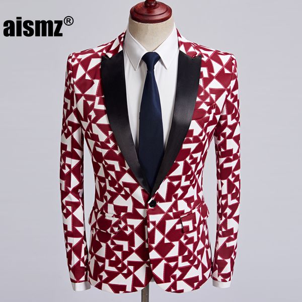 

aismz plus size mens red triangle pattern casual fashion suit jacket new slim fit blazer design british style mariage clothing, White;black
