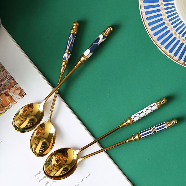 

chic stainless steel spoon ceramic handle ice cream fruit coffee stirring spoons teaspoon dessert cake honey spoon tableware