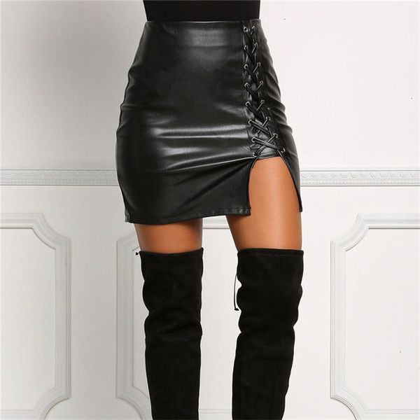 

designer mini skirt quality high women leather skirt new fashion bandage lace up skirt womens high waist pencil short, Black