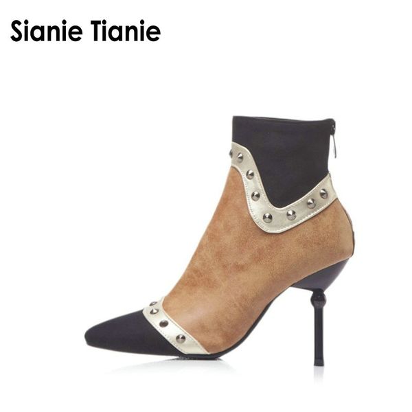 

sianie tianie 2018 new woman shoes winter pumps thin high heels women ankle boots with studded rivets plus size 44 45 46 47 48, Black