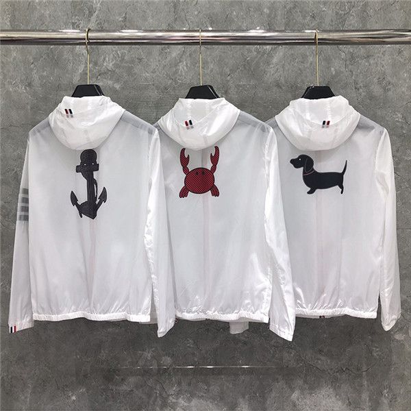 

summer uv100 polyester 4-bar arm stripe puppy&hook&crab printting zip-up sun-protective hoodies relaxed-fit coats