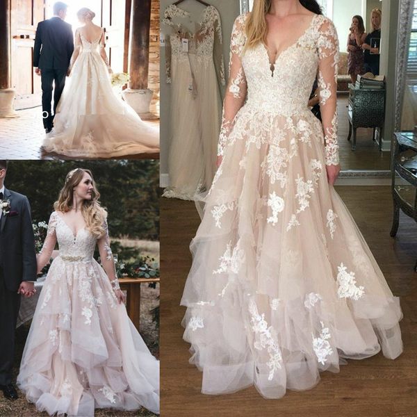 

Champagne Country Boho Wedding Dresses with Long Sleeve 2020 Crystal Belt Tiered Skirt Lace Applique Garden Bride Dress Plus Size