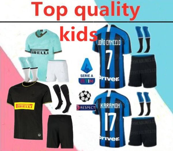 

2019 2020 milan lukaku lautaro martinez kids soccer jersey full kits 19 20 perisic nainggolan champion football shirt kit with socks, Black;yellow