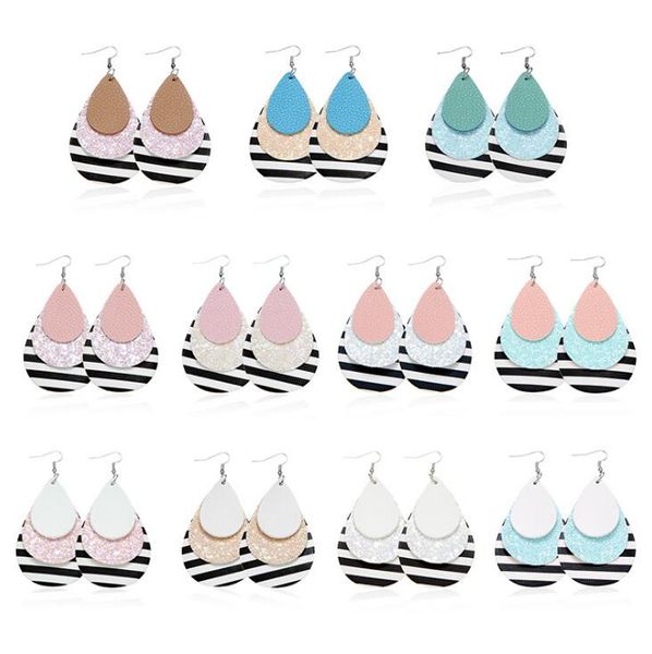 

handmade multilayer sequin pu leather pendant earring dangle three layers waterdrop earring stripe flag ear hook eardrop women jewelry gifts, Silver