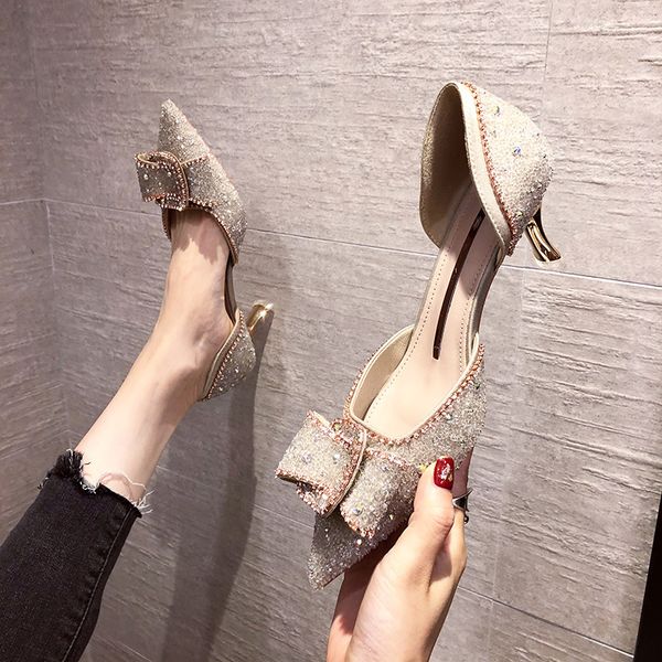 

retro women shoes high heels pointed toe brief pumps lace-up slip om hollow 2020 sandals ladies women's fine sweet gold, Black