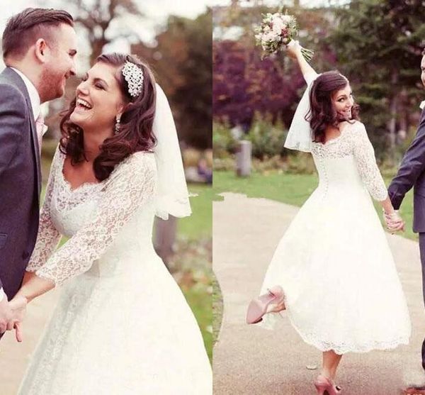 

vintage lace short wedding dresses 2019 long sleeves tea length sheer neck beach garden country bridal gowns plus size 144, White
