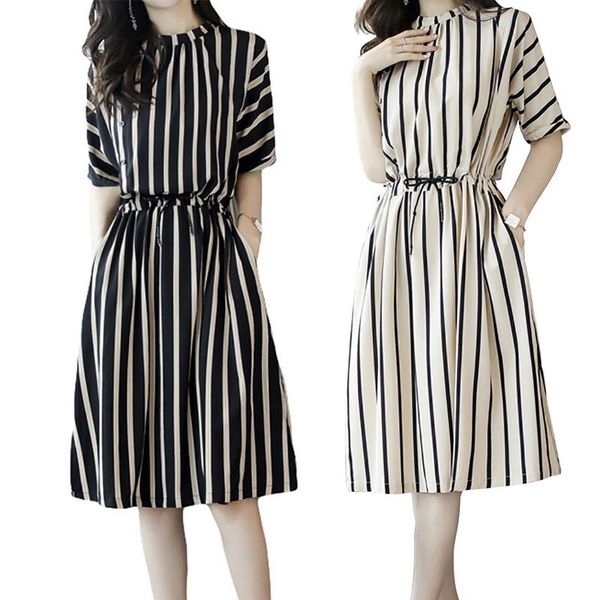 

Summer Knee-Length Striped Dress Fashion Elastic Waist for Women Casual Dresses Large Size 2XL 3XL