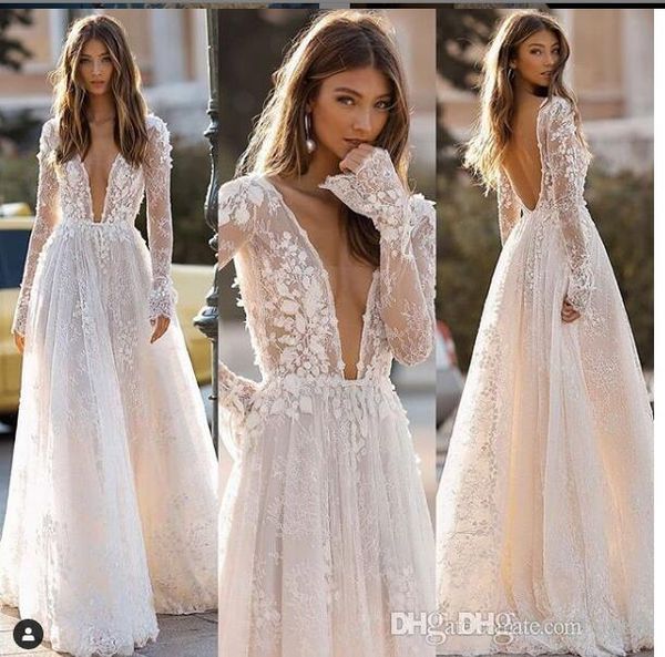 

ivory lave long sleeve muslim wedding dresses 2019 new spring beach a line v neck gothic wedding gowns sleeves, White
