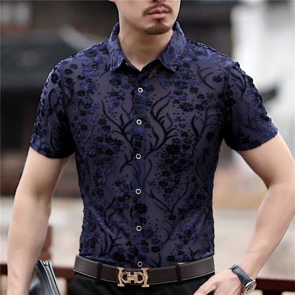 

floral shirt men velvet transparent shirt 2018 news short sleeve velvet men chemise homme transparent, White;black