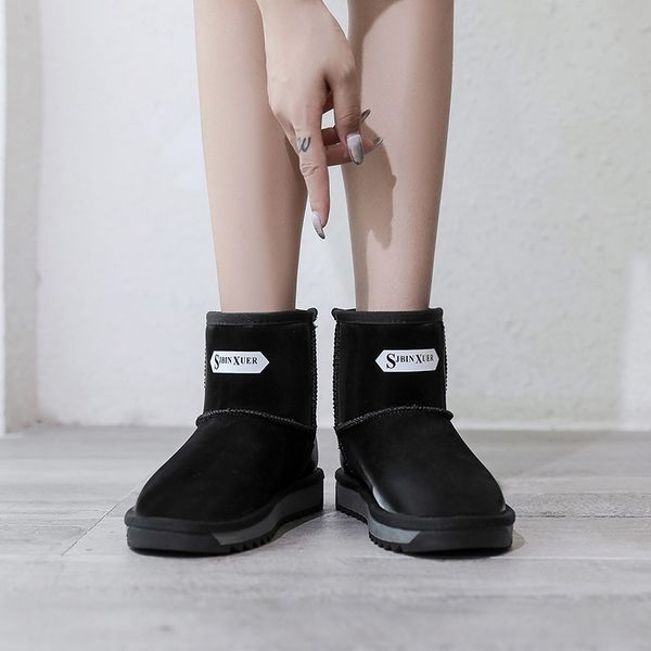 

2019 winter new women suede plush lining ankle fur snow boots flat with black/gray letter emu boots fashion cotton shoes
