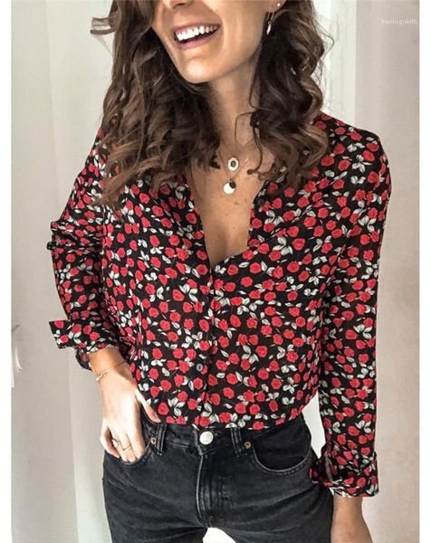 

blouses spring fashionable women floral printed lapel neck casual shirts women designer clothes ol women, White