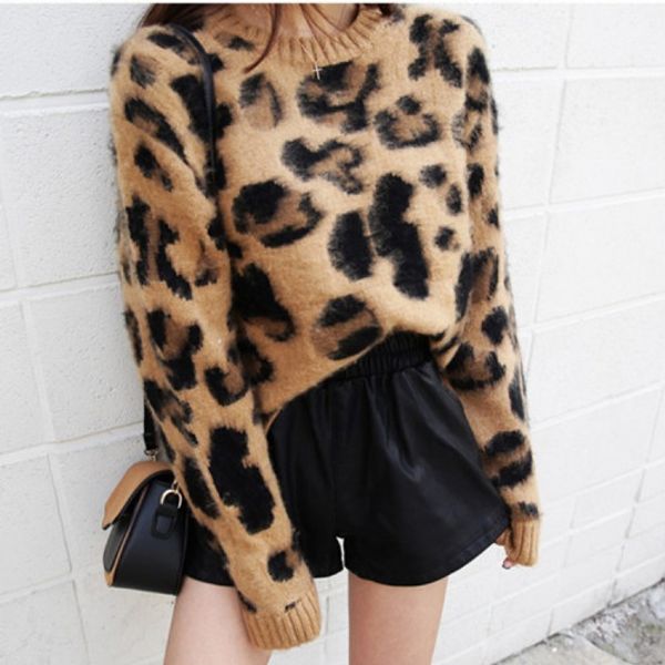 

new autumn khaki knit padded pullover female oversized vintage leopard sweater long sleeve loose women sweaters jumpers, White;black